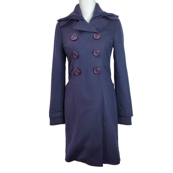 Susana Monaco Womens Double Breasted Coat Sz 4 Navy Blue Wool L/S Knit Pockets - Picture 1 of 11